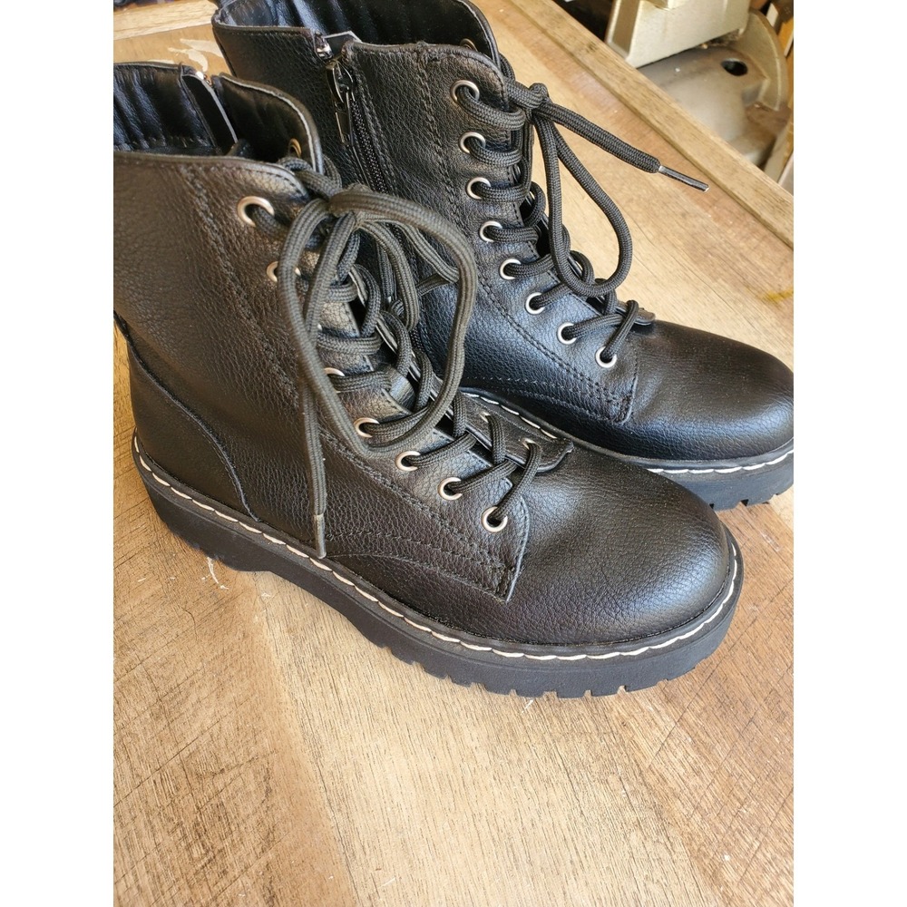 Goth Combat Boots Military Black Faux Leather Platform Lug Sole Size 6